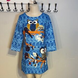 Vibrant Blue Mini Dress with Owl Design